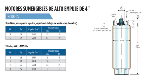 Motor Sumergible 4" Monofásico de 0.5 a 5 Hp , Franklin